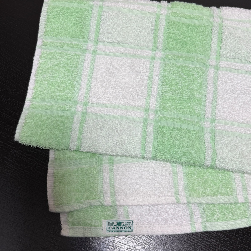 Cannon Mint Green White Plaid Vintage Bath Towel Made in USA Cotton Check Retro